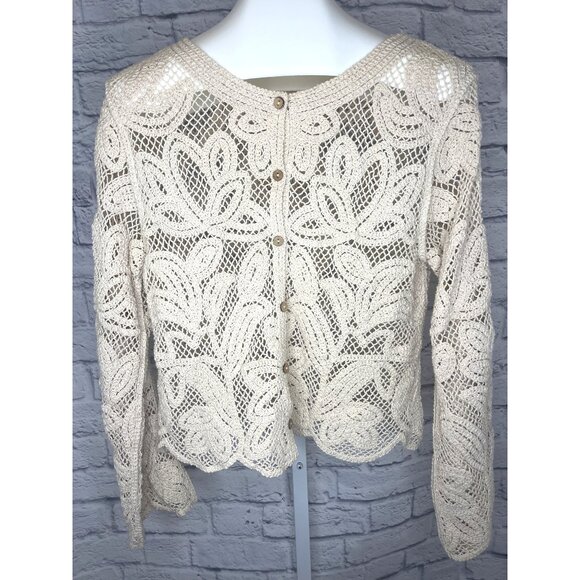 Boho Knit Cardigan Sweater Beige Size MED Ladies Crochet Button Down - Picture 1 of 7